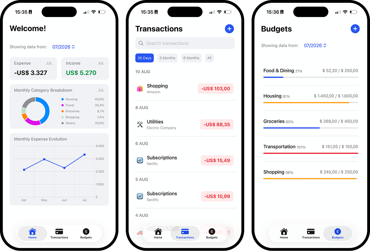 FinTrack mobile app tab pages